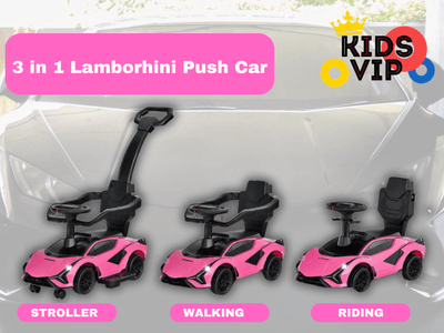 Pink Complete Edition Lamborghini Sian 3-in-1 Push Car / Stroller W/ Detachable Handle, Safety Guards, Lights & Music.