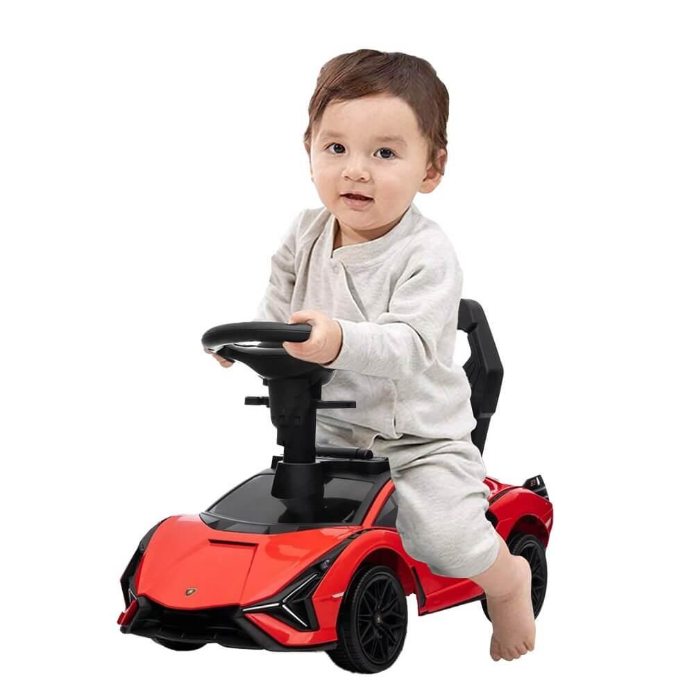 Red Complete Edition Lamborghini Sian 3-in-1 Push Car / Stroller W/ Detachable Handle, Safety Guards, Lights & Music.