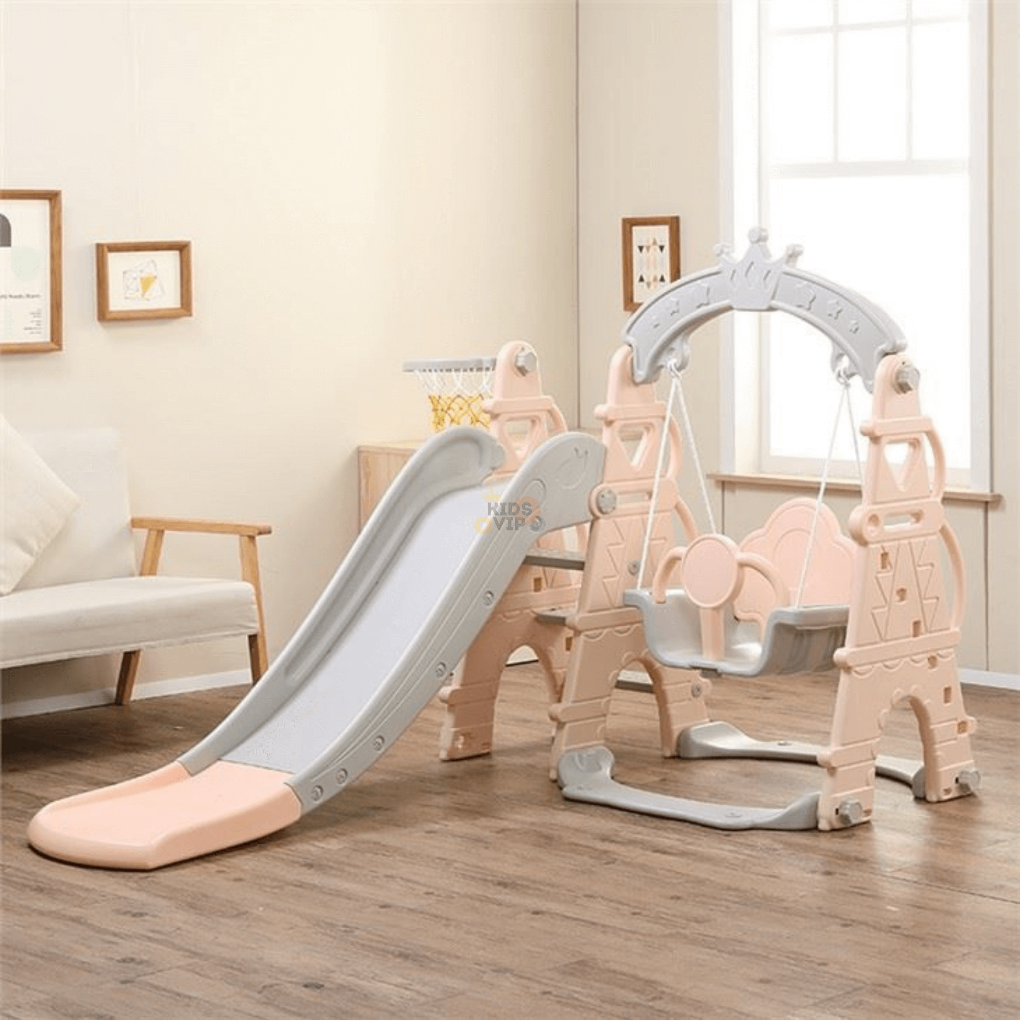 Pink Luxury 5-in-1 Castle Edition Playset for Kids W/ Slide, Closed Steps, Swing & Basketball Hoop.