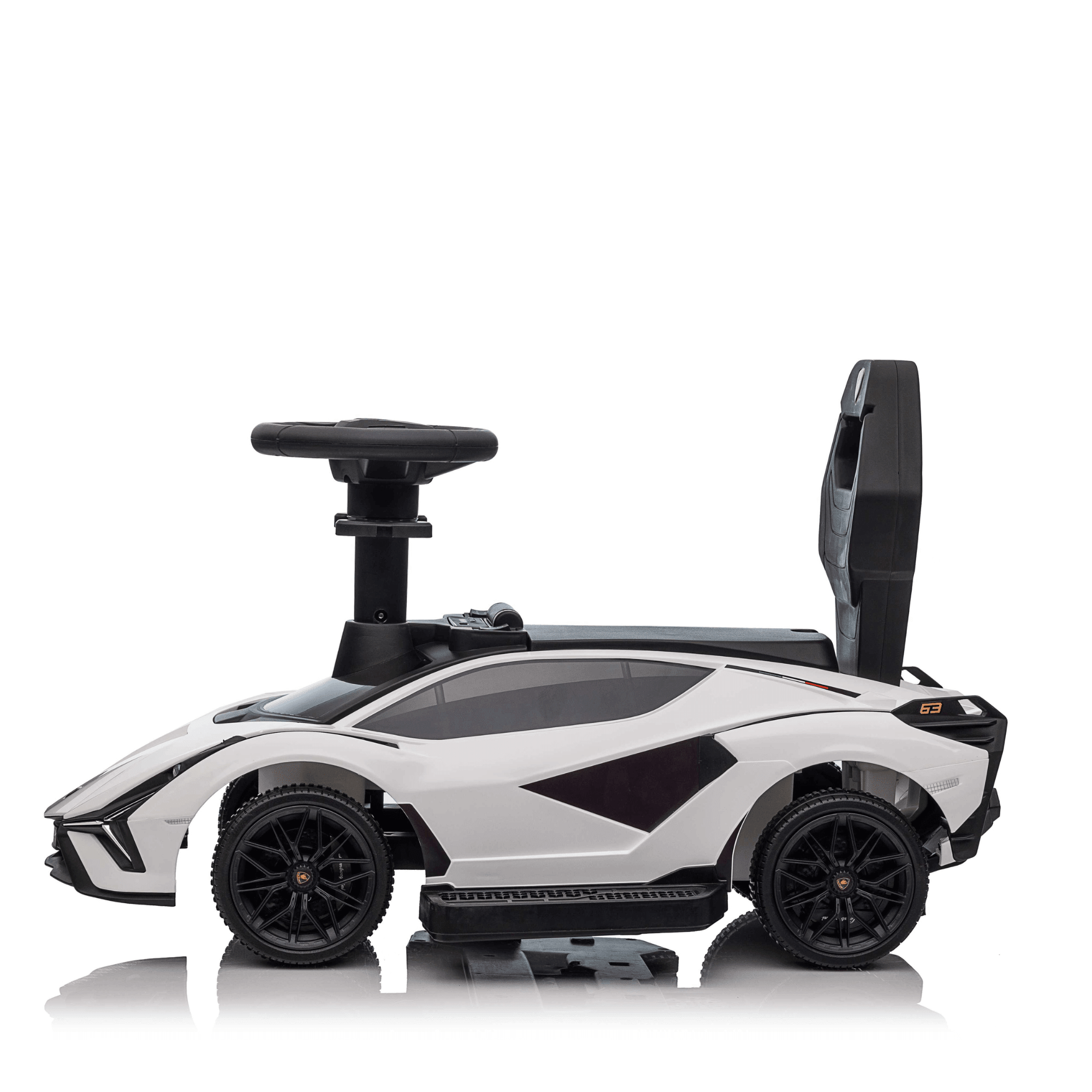 White Complete Edition Lamborghini Sian 3-in-1 Push Car / Stroller W/ Detachable Handle, Safety Guards, Lights & Music.