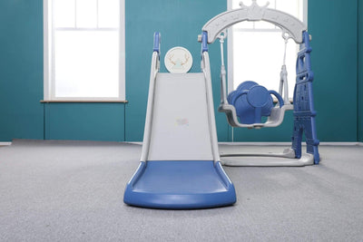Blue Luxury 5-in-1 Castle Edition Playset for Kids W/ Slide, Closed Steps, Swing & Basketball Hoop.