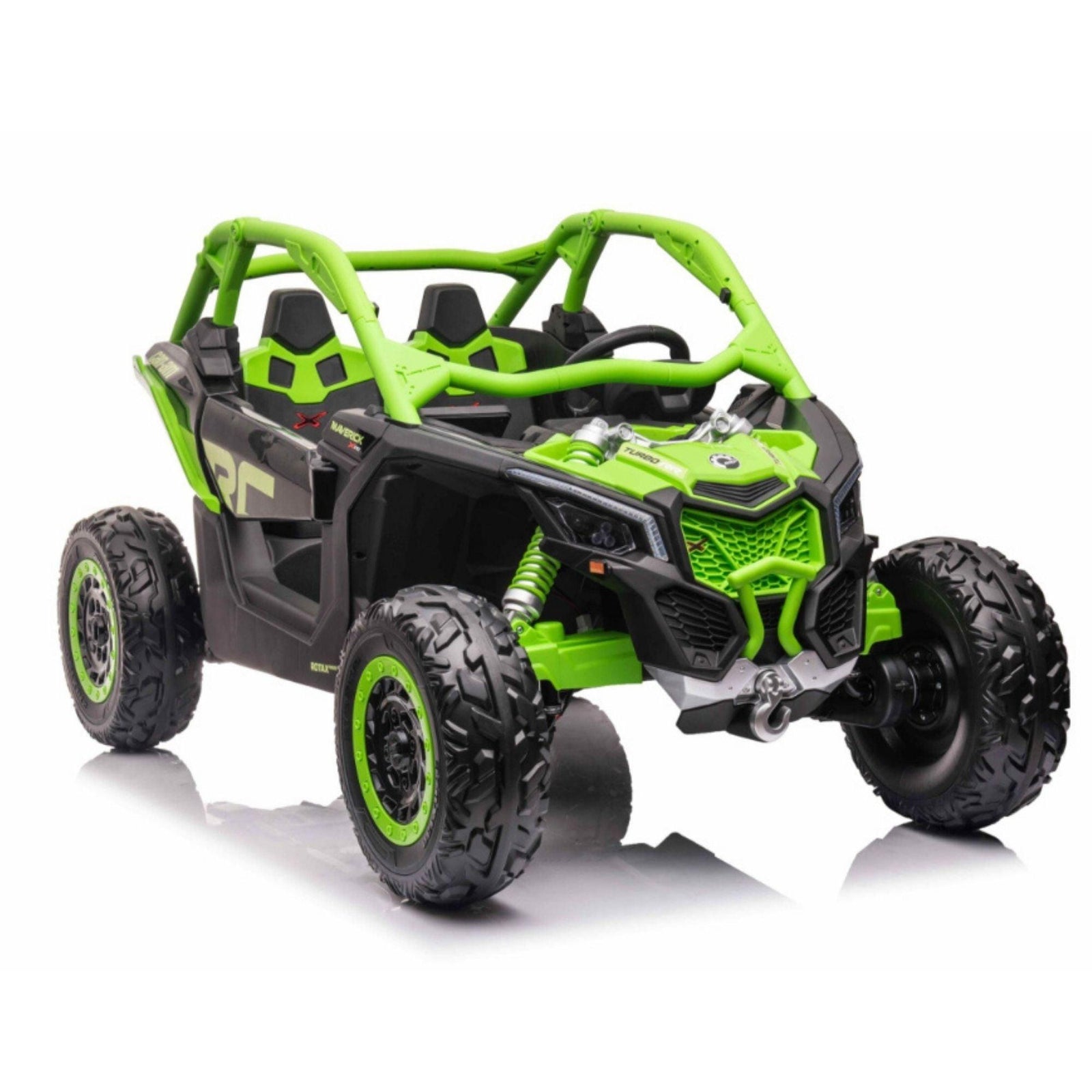 Green Licensed LX Performance Edition 2x24V Can-Am Maverick 4WD Double 24V Battery Pack, 2-Seater Kids' Buggy W/ Music, EVA Rubber Wheels, Leather Seats & RC.