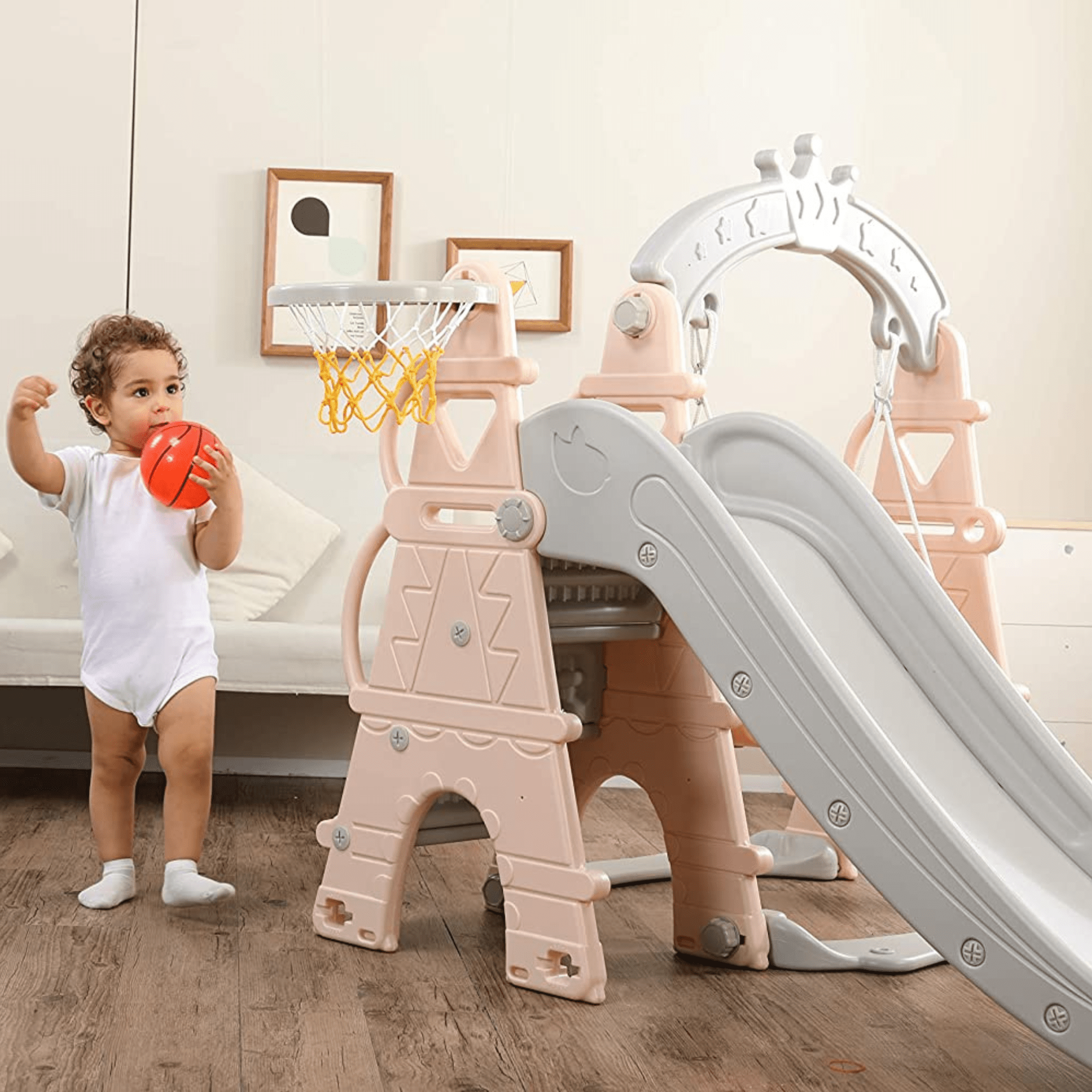 Pink Luxury 5-in-1 Castle Edition Playset for Kids W/ Slide, Closed Steps, Swing & Basketball Hoop.