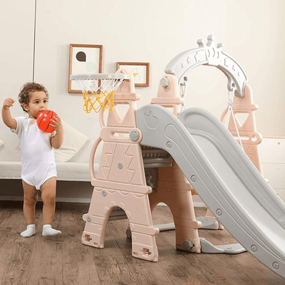 Pink Luxury 5-in-1 Castle Edition Playset for Kids W/ Slide, Closed Steps, Swing & Basketball Hoop.