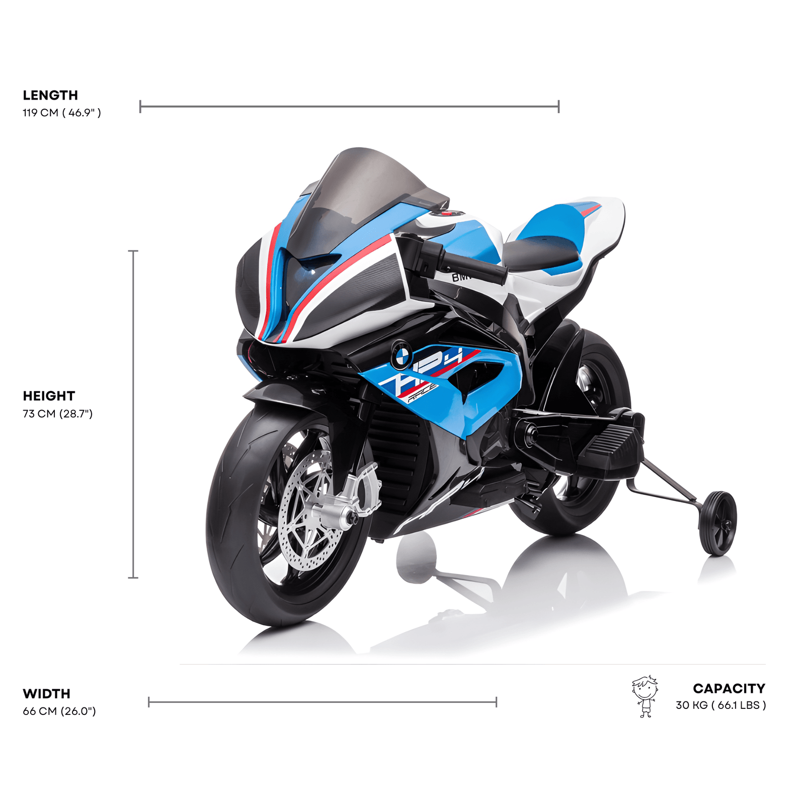 12V Blue BMW HP4 Kids' Super Motorcycle W/ EVA Rubber Wheels, Music & Lights.