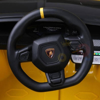 12V Yellow Lamborghini Huracan Licensed Sport Edition 4X4 Ride-On Car W/ Rubber Wheels, Bluetooth & RC.