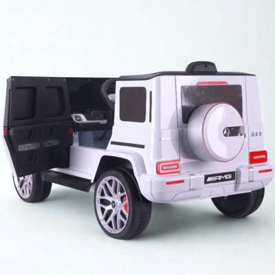 12V Luxury White Mercedes Benz AMG G63 Ride-On SUV W/ Rubber Wheels, Leather Seat, Bluetooth & RC.