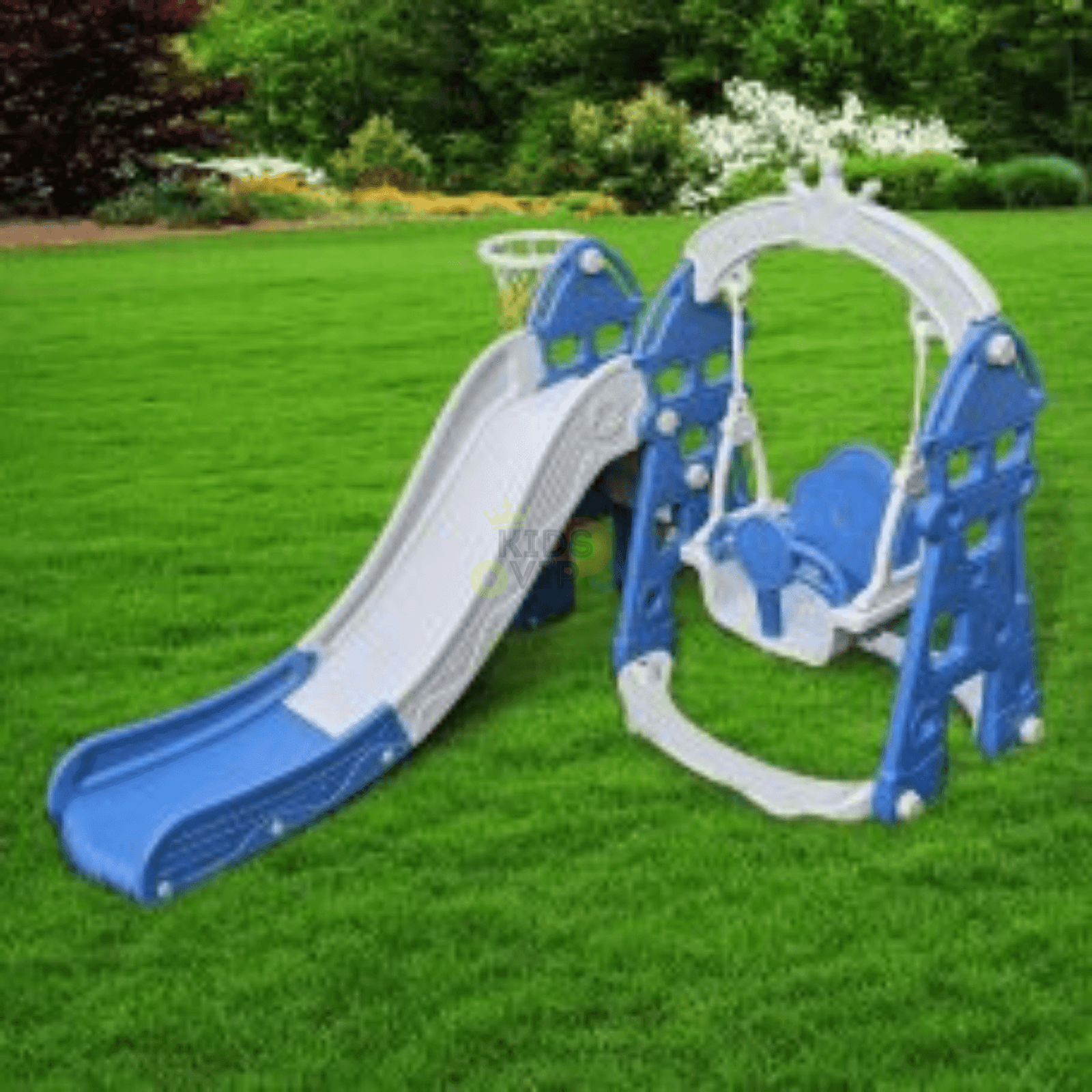 Blue Luxury 5-in-1 Castle Edition Playset for Kids W/ Slide, Closed Steps, Swing & Basketball Hoop.