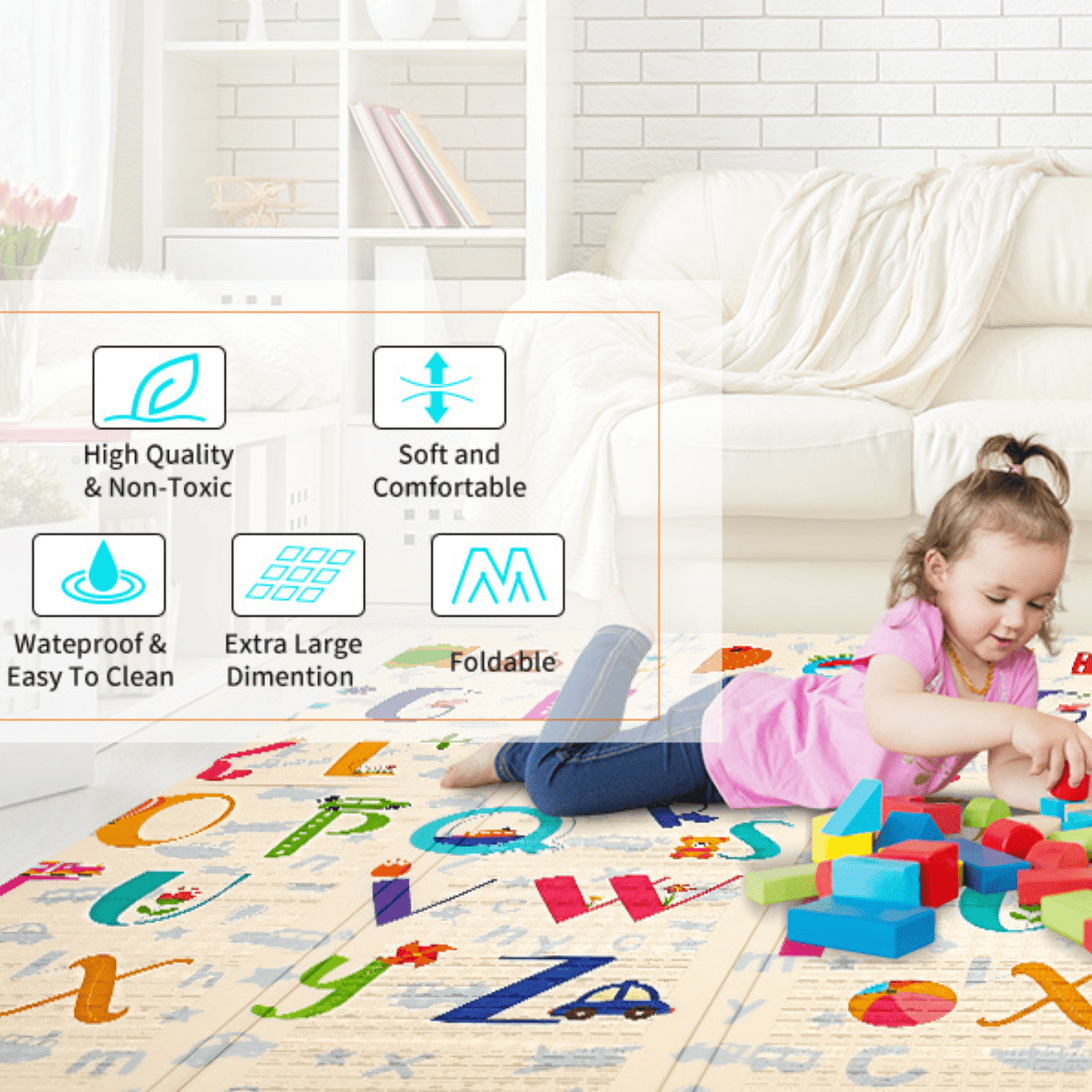 Luxury Indoor/ Outdoor Double Sided Foldable Waterproof Foam Play Mat - ABC Edition - 200x180x1cm