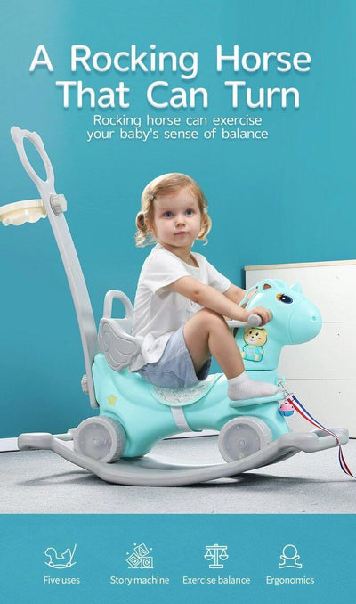 Kids' & Toddlers' 3-in-1 Foot to Floor Ride-on Rocking Riding Toy W/ Handle, Music & Basketball Hoop.