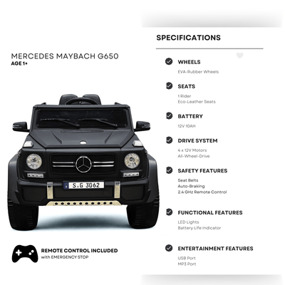 12V Matte Black Luxury Mercedes Maybach G650s Kids' 4x4 Ride-on SUV W/ Rubber Wheels, Music & RC.