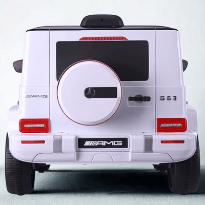 12V Luxury White Mercedes Benz AMG G63 Ride-On SUV W/ Rubber Wheels, Leather Seat, Bluetooth & RC.