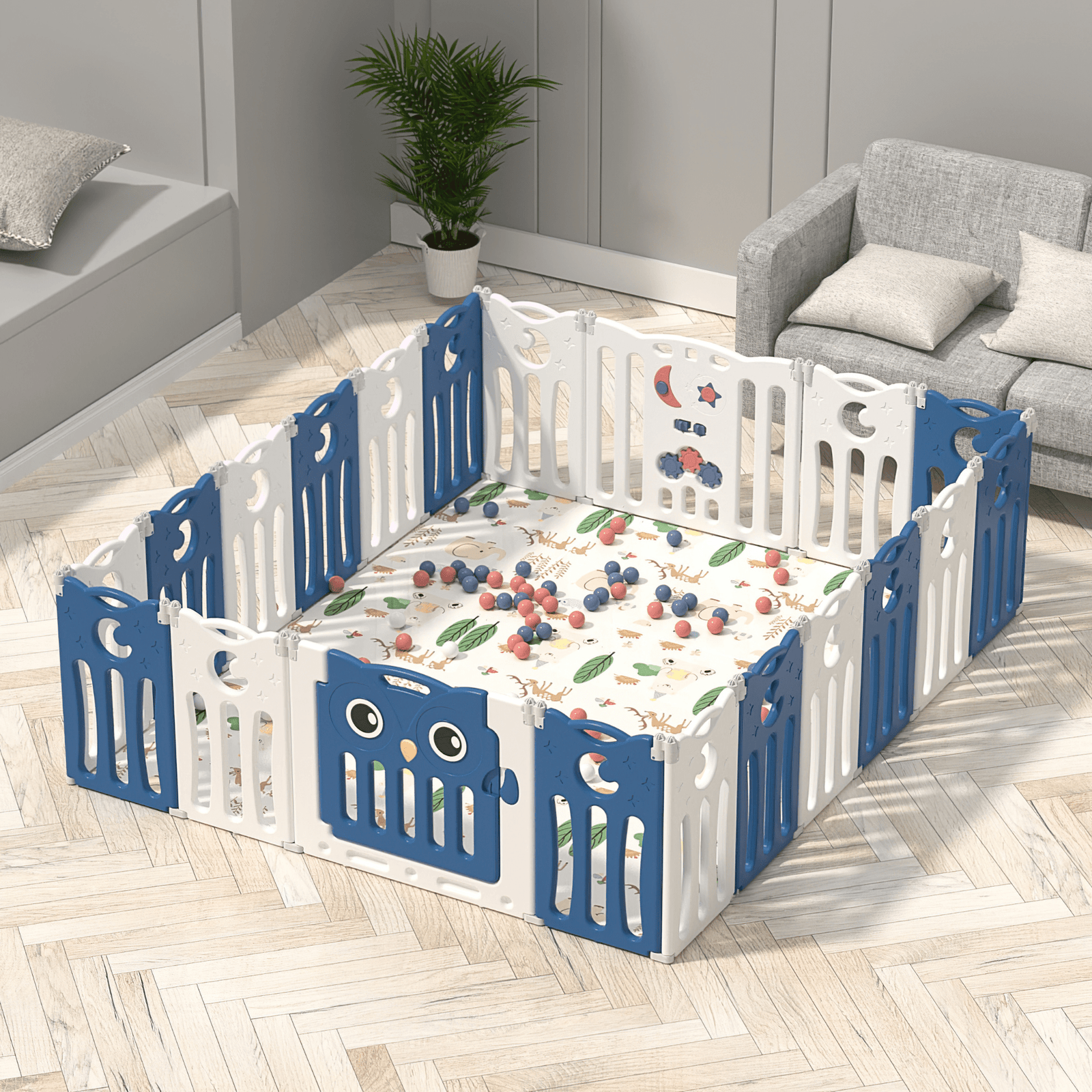 Blue 20 Panels Indoor/Outdoor Foldable Playpen, Fence, Interactive Safety Play Yard  for Toddlers and Infants