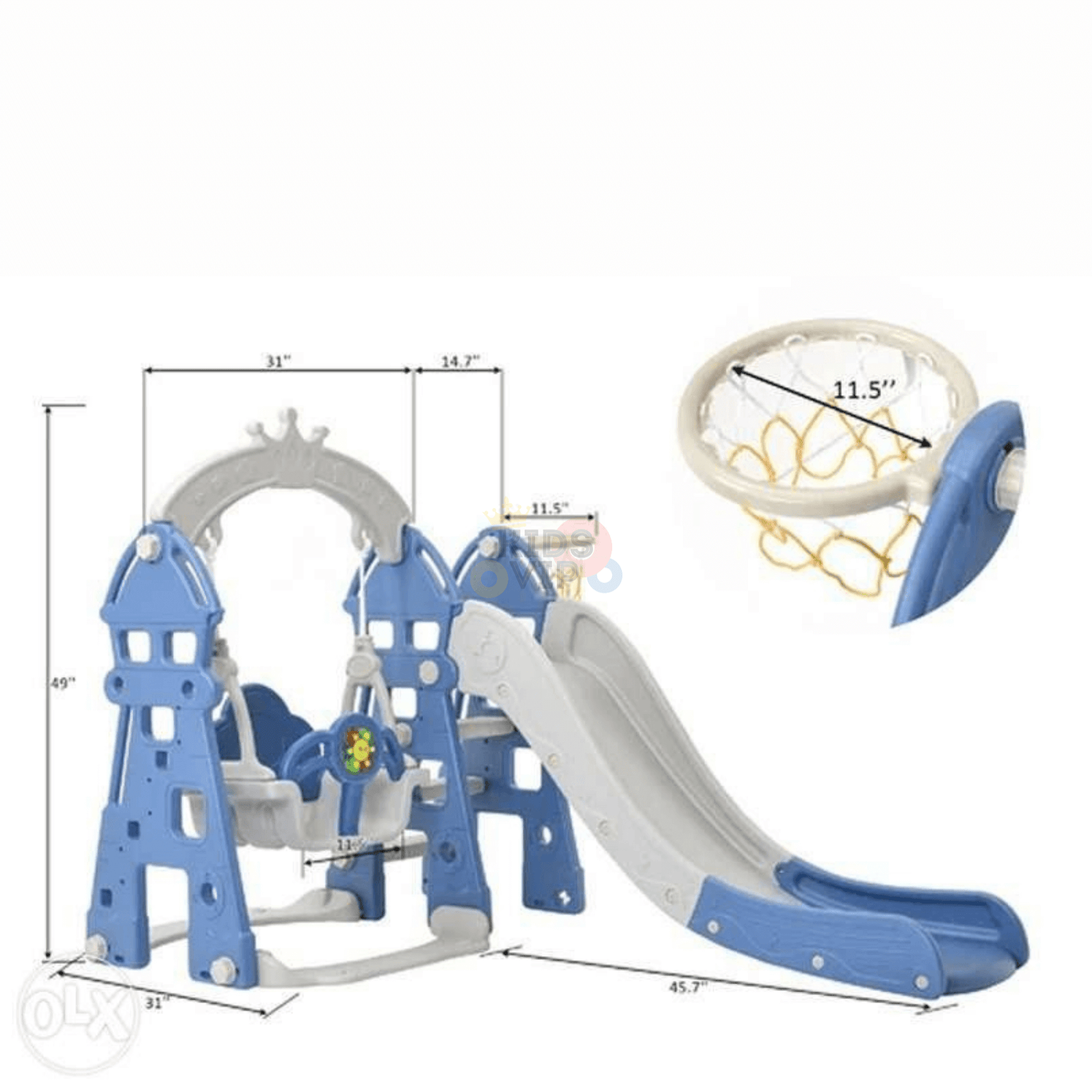 Blue Luxury 5-in-1 Castle Edition Playset for Kids W/ Slide, Closed Steps, Swing & Basketball Hoop.