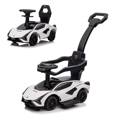 White Complete Edition Lamborghini Sian 3-in-1 Push Car / Stroller W/ Detachable Handle, Safety Guards, Lights & Music.