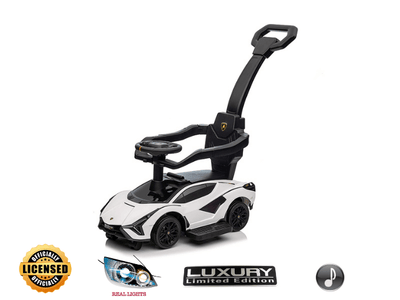 White Complete Edition Lamborghini Sian 3-in-1 Push Car / Stroller W/ Detachable Handle, Safety Guards, Lights & Music.