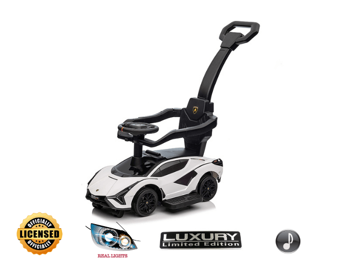 White Complete Edition Lamborghini Sian 3-in-1 Push Car / Stroller W/ Detachable Handle, Safety Guards, Lights & Music.