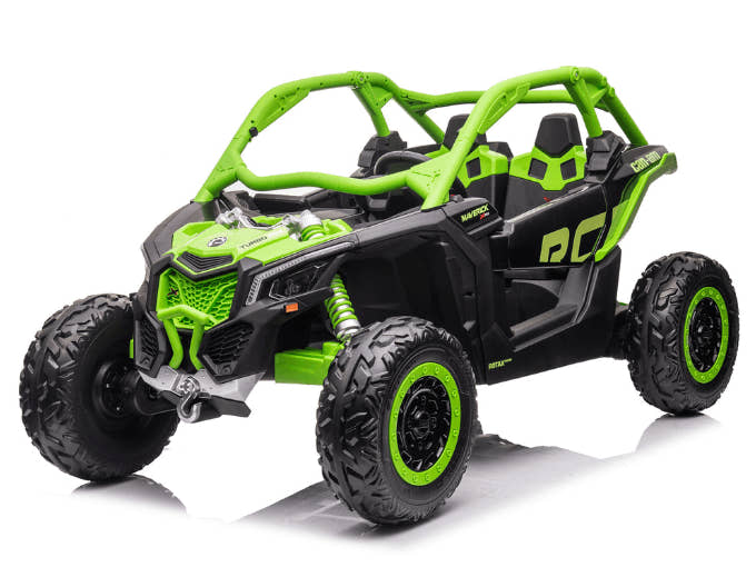 Green Licensed LX Performance Edition 2x24V Can-Am Maverick 4WD Double 24V Battery Pack, 2-Seater Kids' Buggy W/ Music, EVA Rubber Wheels, Leather Seats & RC.