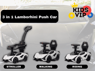 White Complete Edition Lamborghini Sian 3-in-1 Push Car / Stroller W/ Detachable Handle, Safety Guards, Lights & Music.