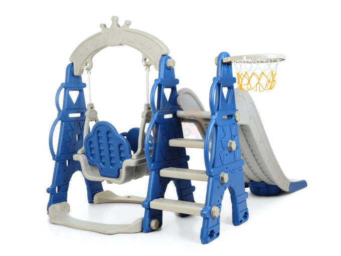 Blue Luxury 5-in-1 Castle Edition Playset for Kids W/ Slide, Closed Steps, Swing & Basketball Hoop.