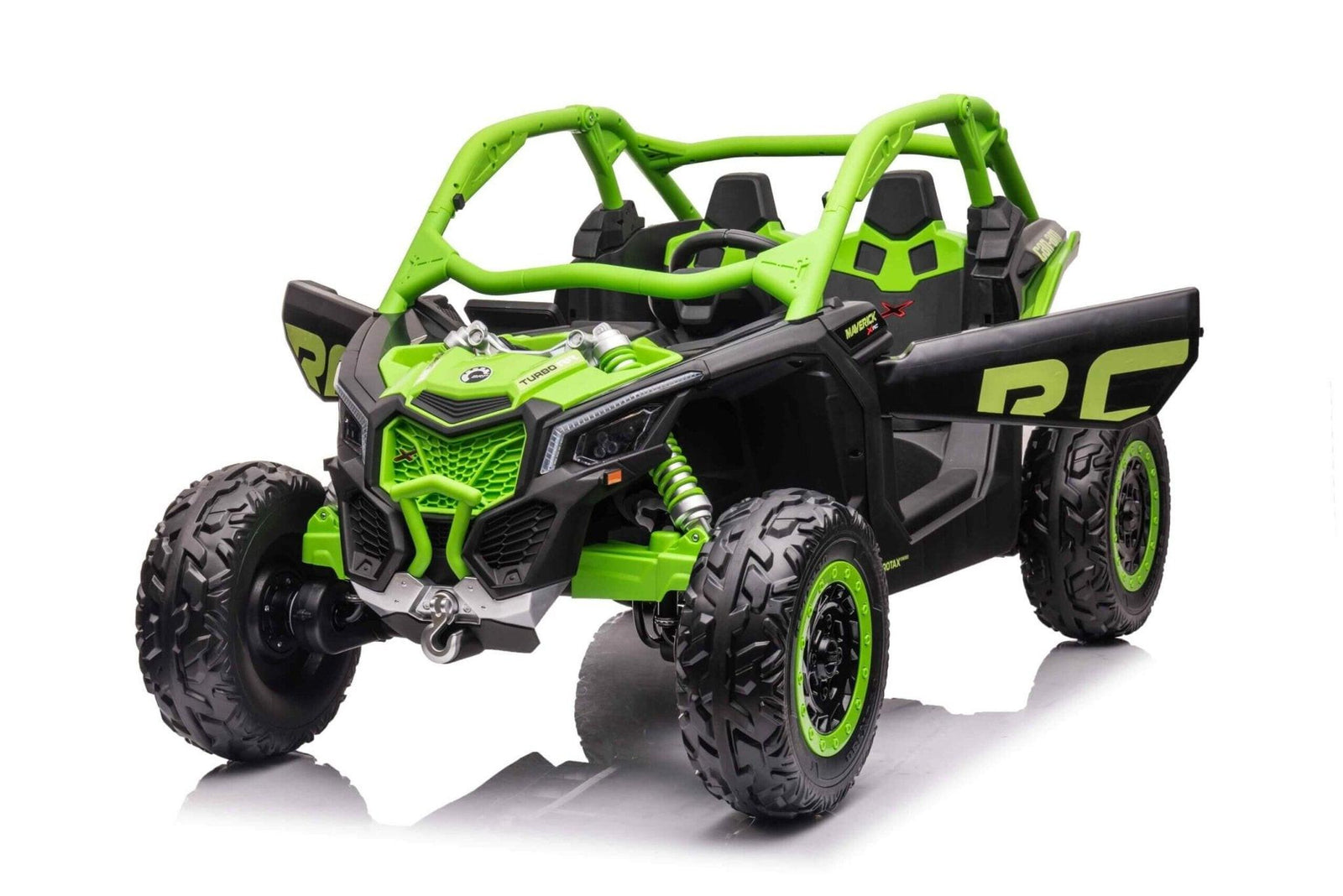 Green Licensed LX Performance Edition 2x24V Can-Am Maverick 4WD Double 24V Battery Pack, 2-Seater Kids' Buggy W/ Music, EVA Rubber Wheels, Leather Seats & RC.