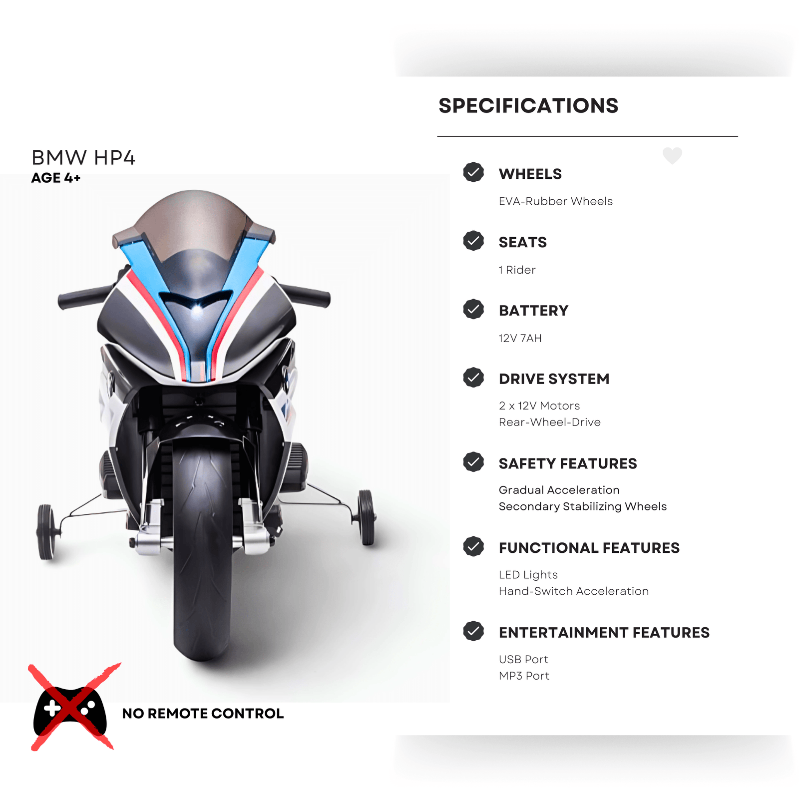 12V Blue BMW HP4 Kids' Super Motorcycle W/ EVA Rubber Wheels, Music & Lights.