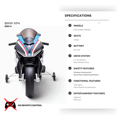 12V Blue BMW HP4 Kids' Super Motorcycle W/ EVA Rubber Wheels, Music & Lights.