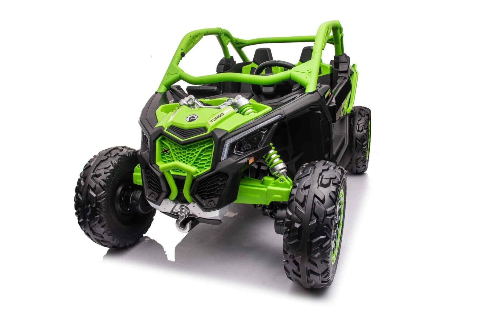 Green Licensed LX Performance Edition 2x24V Can-Am Maverick 4WD Double 24V Battery Pack, 2-Seater Kids' Buggy W/ Music, EVA Rubber Wheels, Leather Seats & RC.