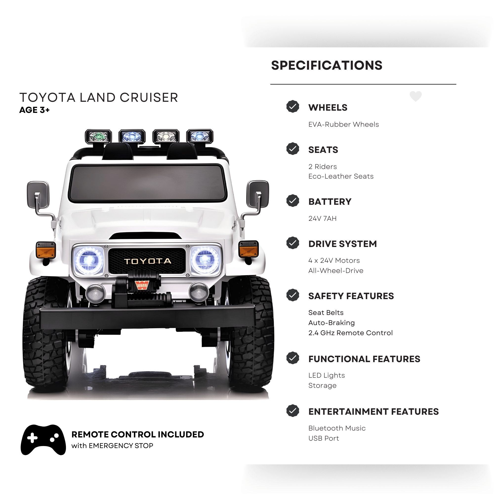 24V White 2-Seater Premium Edition Toyota 4x4 Truck for Kids W