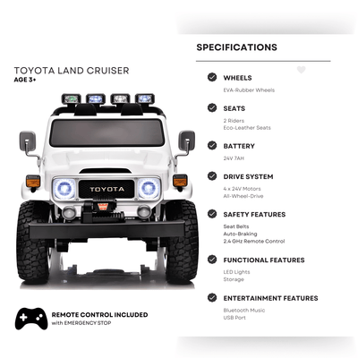 24V White 2-Seater Premium Edition Toyota 4x4 Truck for Kids W/ EVA Rubber Wheels, Music & RC.
