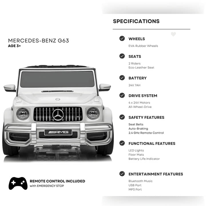 24V Exclusive White Mercedes Benz G63 2-Seater 4x4 Kids' Ride-on SUV W/ EVA Wheels, Leather Seats, Light-up Logo, BT & RC.