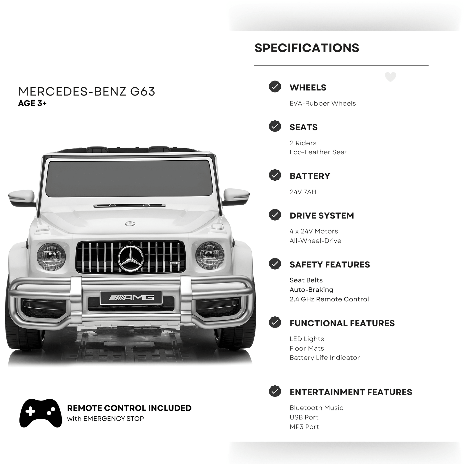 24V Exclusive White Mercedes Benz G63 2-Seater 4x4 Kids' Ride-on SUV W/ EVA Wheels, Leather Seats, Light-up Logo, BT & RC.