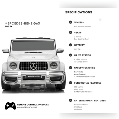 24V Exclusive White Mercedes Benz G63 2-Seater 4x4 Kids' Ride-on SUV W/ EVA Wheels, Leather Seats, Light-up Logo, BT & RC.