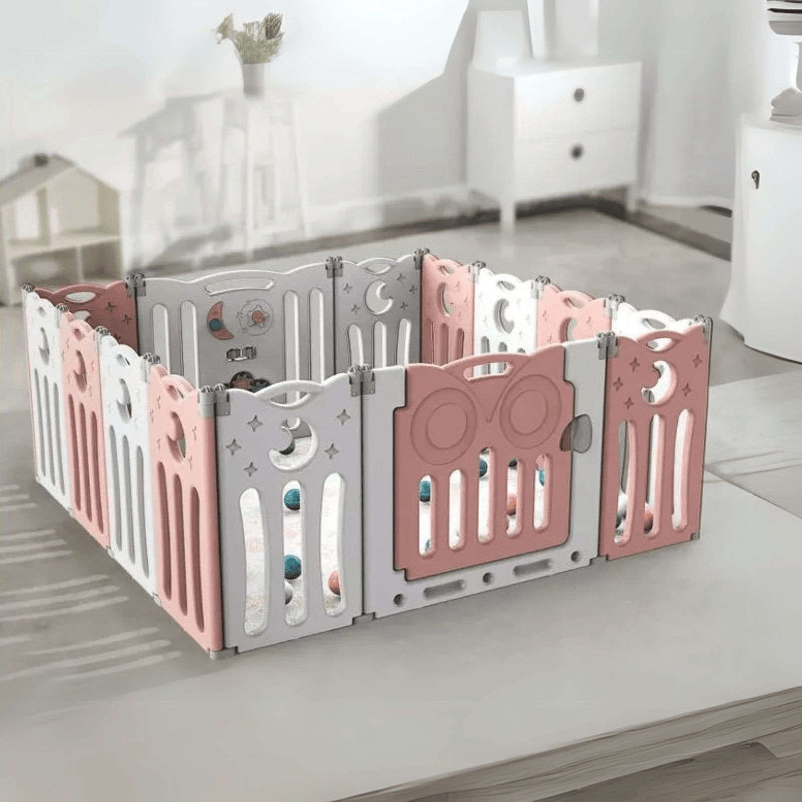 Pink 16 Panels Indoor/Outdoor Foldable Playpen, Fence, Interactive Safety Play Yard  for Toddlers and Infants.