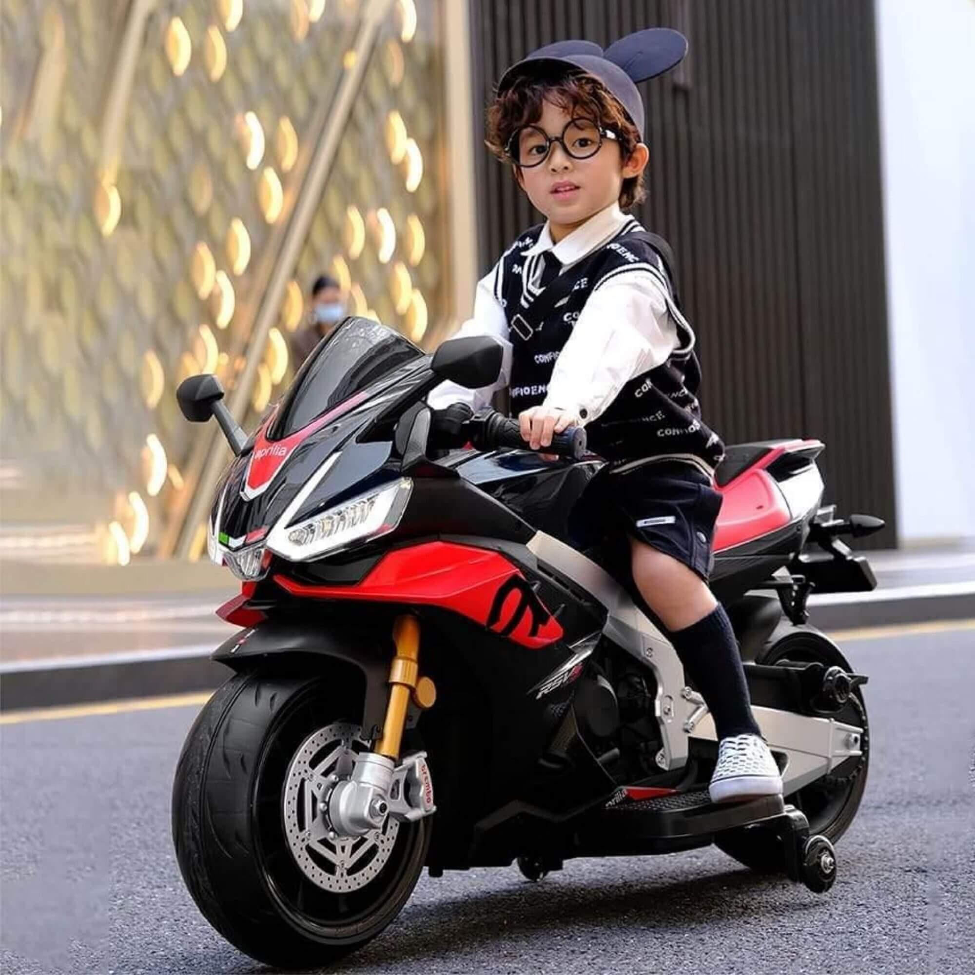 24V Upgraded Aprilia RSV4 Super Motorcycle W/ EVA Rubber Wheels, Music & Lights.