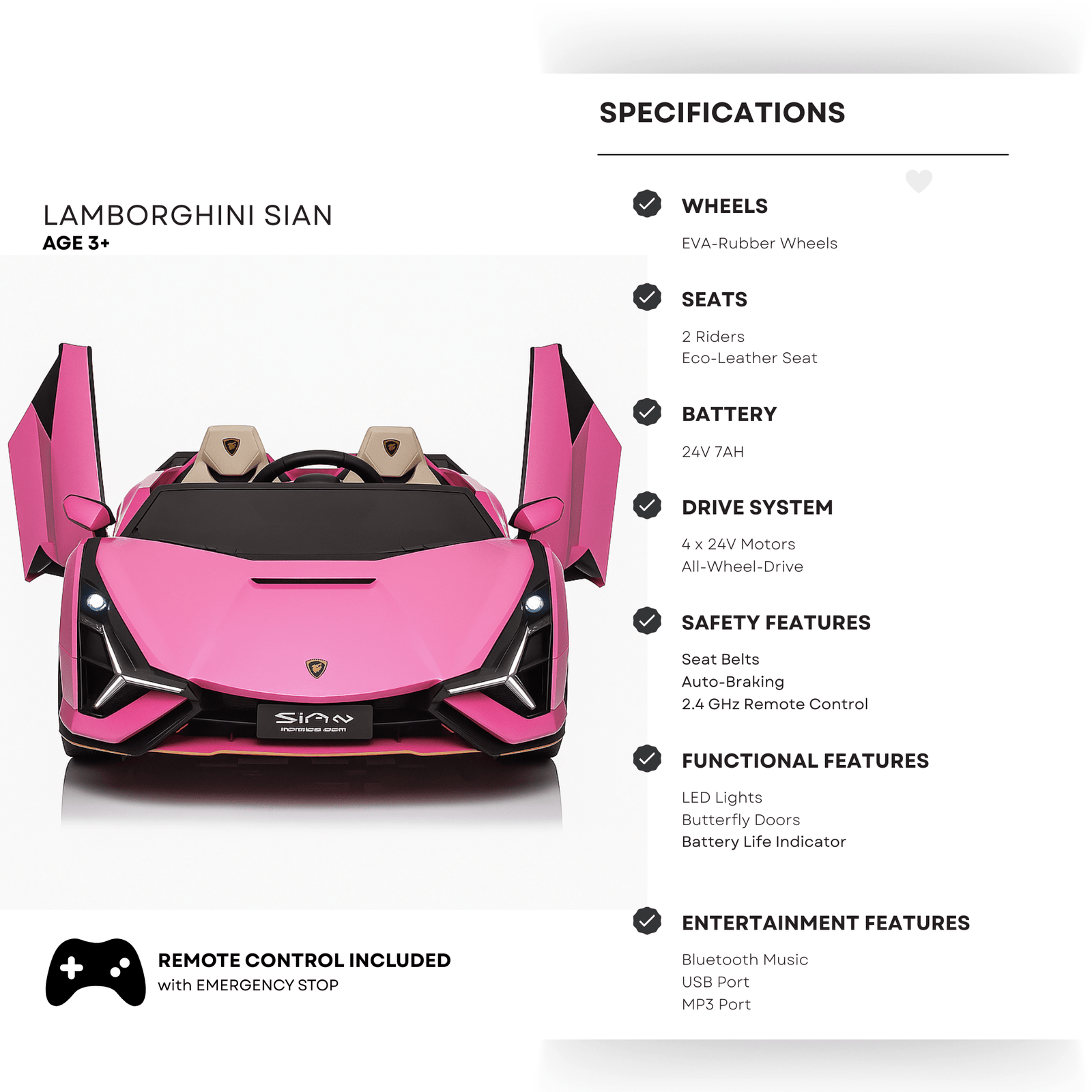 24V Luxurious Pink Lamborghini Sian 2-Seater 4x4 Ride-On Car W/ EVA Rubber Wheels, BT & RC.