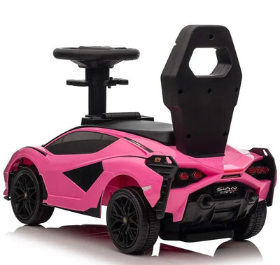 Pink Complete Edition Lamborghini Sian 3-in-1 Push Car / Stroller W/ Detachable Handle, Safety Guards, Lights & Music.