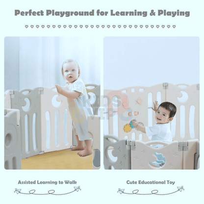 Grey 16 Panels Indoor/Outdoor Foldable Playpen, Fence, Interactive Safety Play Yard  for Toddlers and Infants.