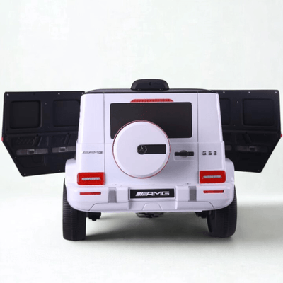 12V Luxury White Mercedes Benz AMG G63 Ride-On SUV W/ Rubber Wheels, Leather Seat, Bluetooth & RC.