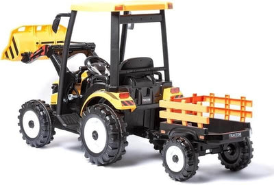 24V Kids' XXL Upgraded 6-Wheel Tractor W/ Trailer, Leather Seat, Music, Lights & RC.