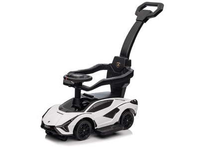 White Complete Edition Lamborghini Sian 3-in-1 Push Car / Stroller W/ Detachable Handle, Safety Guards, Lights & Music.