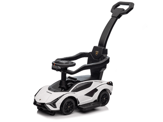 White Complete Edition Lamborghini Sian 3-in-1 Push Car / Stroller W/ Detachable Handle, Safety Guards, Lights & Music.