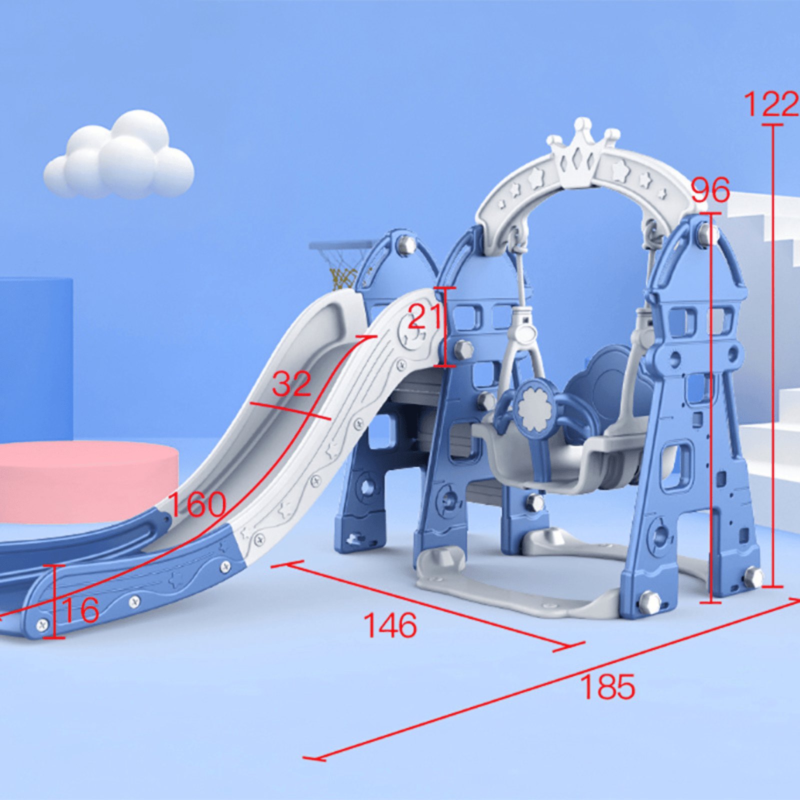 Blue Luxury 5-in-1 Castle Edition Playset for Kids W/ Slide, Closed Steps, Swing & Basketball Hoop.
