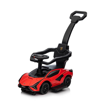 Red Complete Edition Lamborghini Sian 3-in-1 Push Car / Stroller W/ Detachable Handle, Safety Guards, Lights & Music.