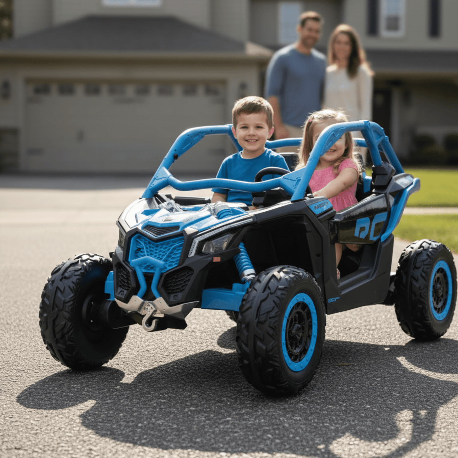 Blue Licensed LX Performance Edition 2x24V Can-Am Maverick 4WD Double 24V Battery Pack, 2-Seater Kids' Buggy W/ Music, EVA Rubber Wheels, Leather Seats & RC.