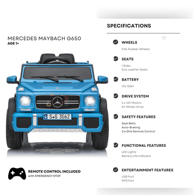 12V Blue Luxury Mercedes Maybach G650s Kids' 4x4 Ride-on SUV W/ Rubber Wheels, Music & RC.