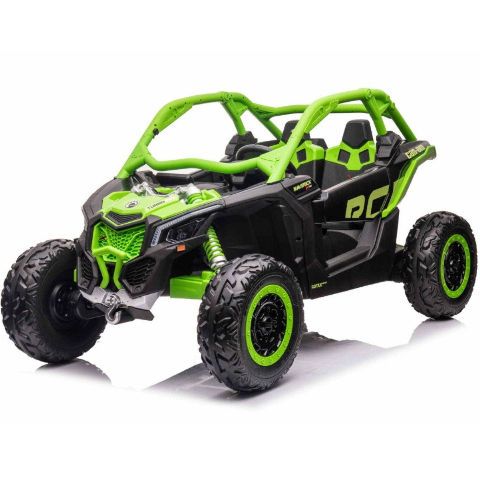 Green Licensed LX Performance Edition 2x24V Can-Am Maverick 4WD Double 24V Battery Pack, 2-Seater Kids' Buggy W/ Music, EVA Rubber Wheels, Leather Seats & RC.