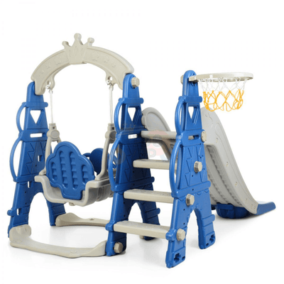 Blue Luxury 5-in-1 Castle Edition Playset for Kids W/ Slide, Closed Steps, Swing & Basketball Hoop.