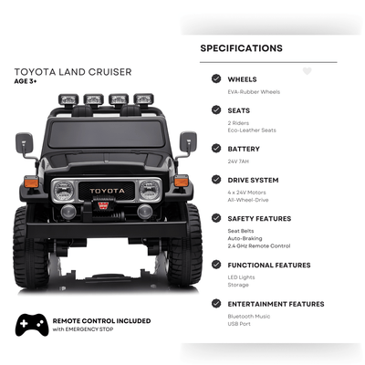 24V Black 2-Seater Premium Edition Toyota 4x4 Truck for Kids W/ EVA Rubber Wheels, Music & RC.