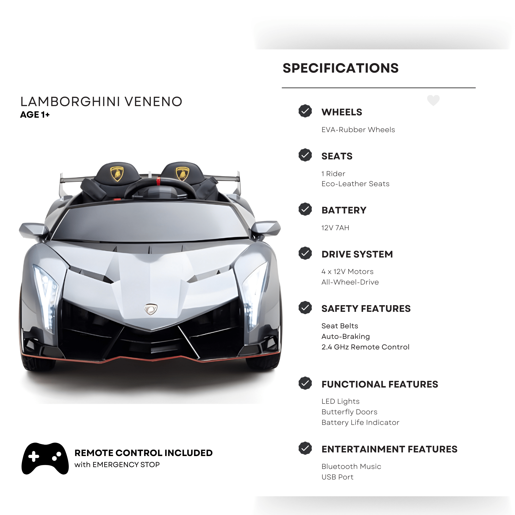 12V Silver Lamborghini Veneno 4X4 Limited Edition Ride-on Car W/ EVA Rubber Wheels, Bluetooth & RC.